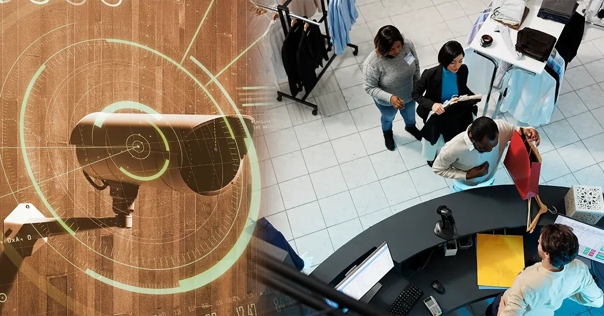 AI shoplift detection: CCTV camera analysing shoppers at a busy store service counter