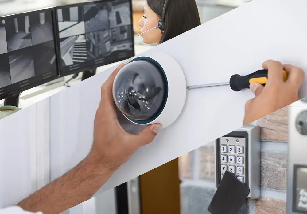Technician installing a dome CCTV camera beside monitoring screens and a keypad access reader