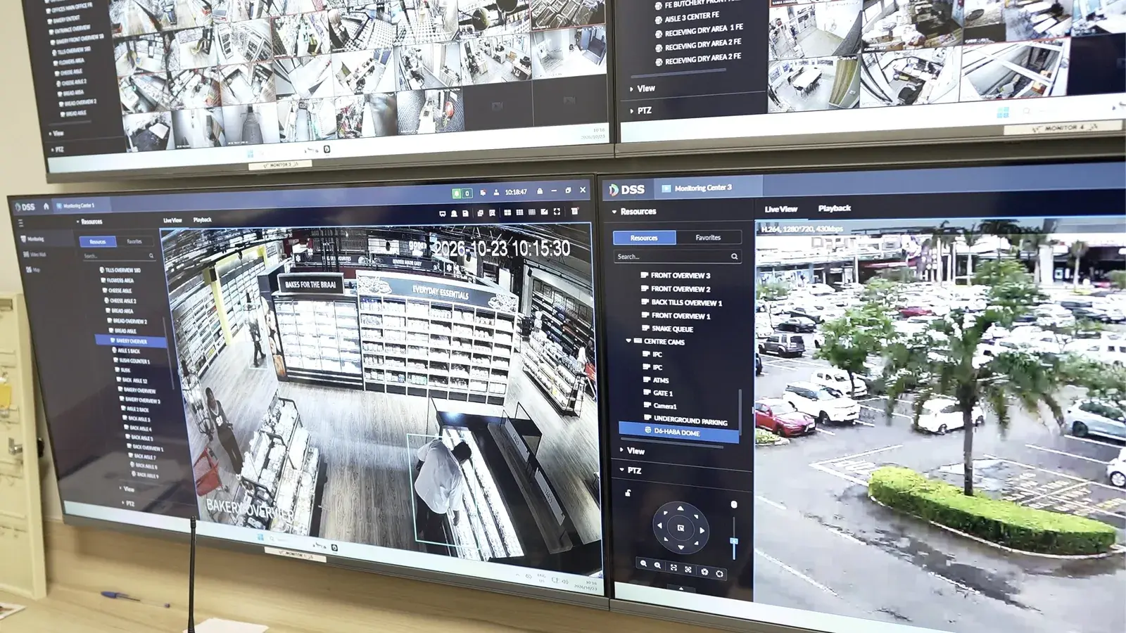 Offsite CCTV monitoring for KwaZulu-Natal businesses: monitoring centre screens showing live CCTV views of a store and its parking lot