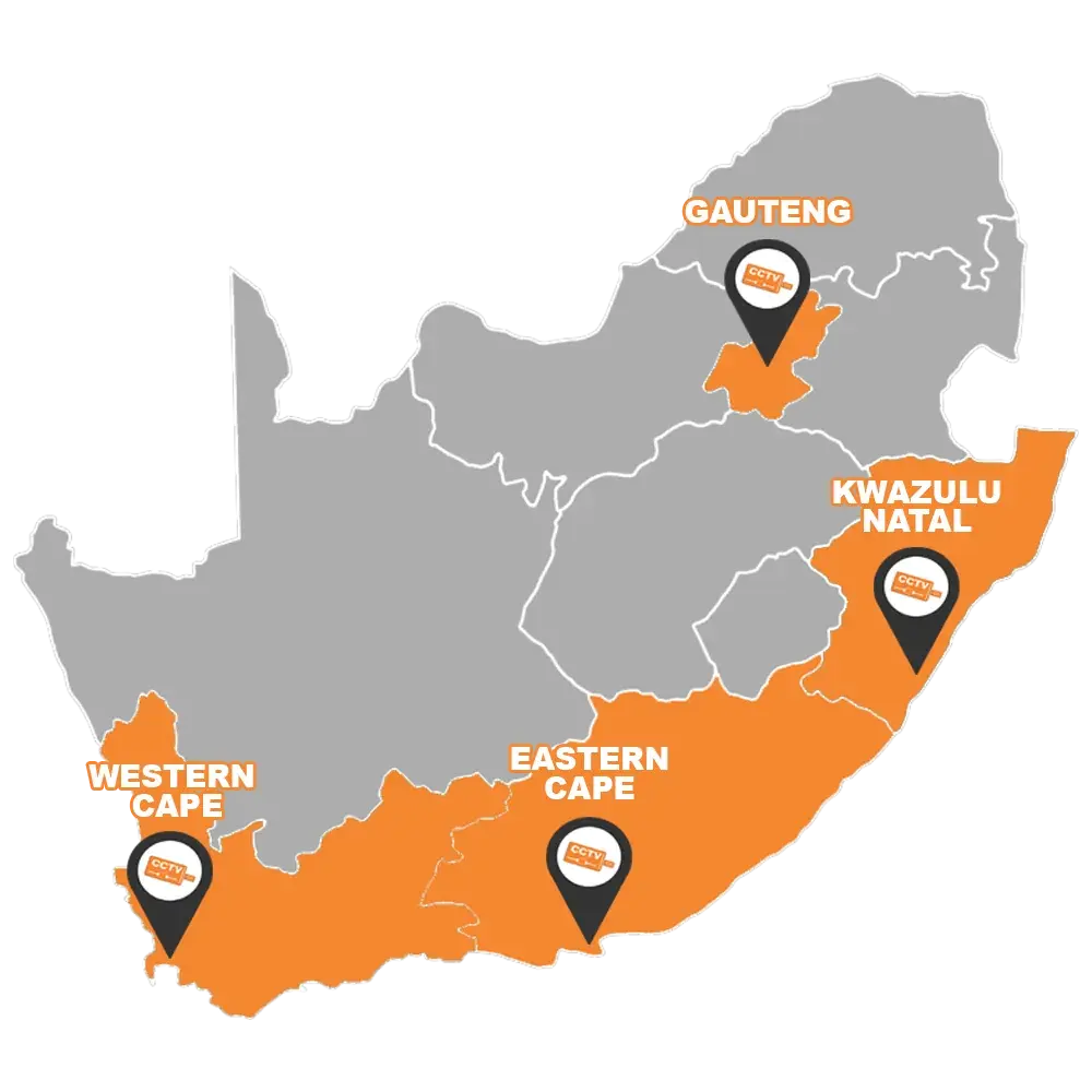 Map of South Africa showing CCTV Security Surveillance branches in Gauteng, KwaZulu-Natal, the Western Cape and the Eastern Cape