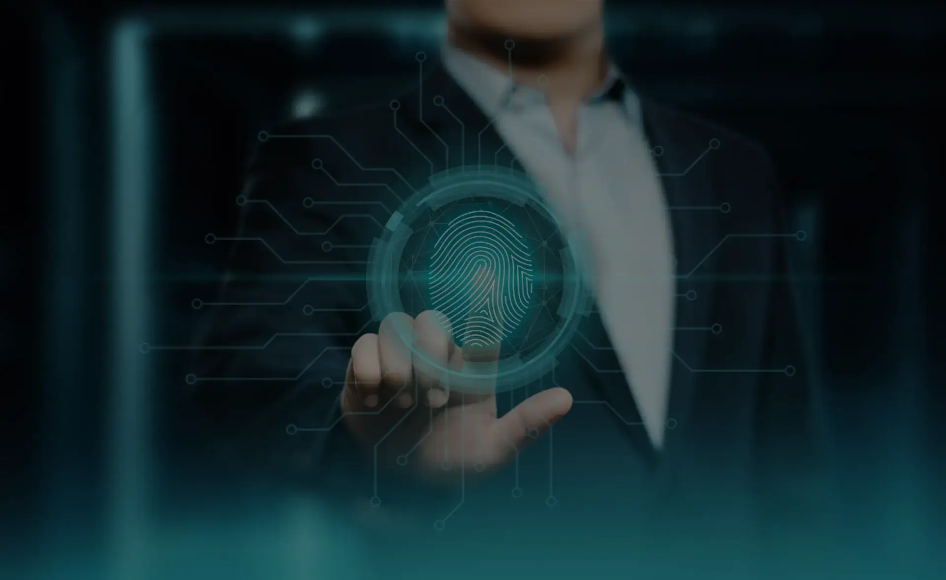 Finger touching a glowing fingerprint scanner hologram