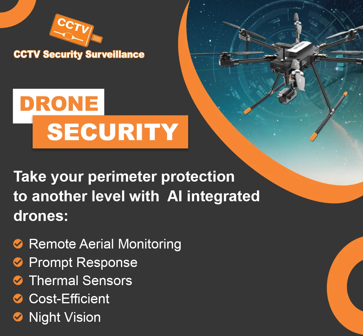 Drone security: AI-integrated drones for remote aerial monitoring, prompt response, thermal sensors and night vision