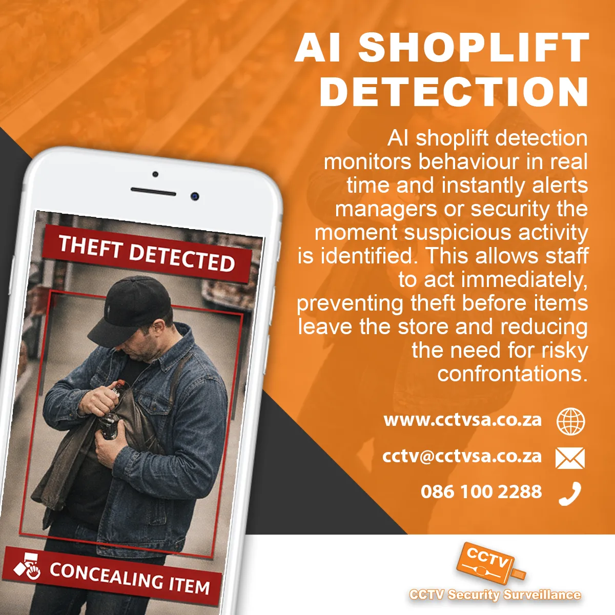 AI shoplift detection alert on a phone showing a shopper concealing an item