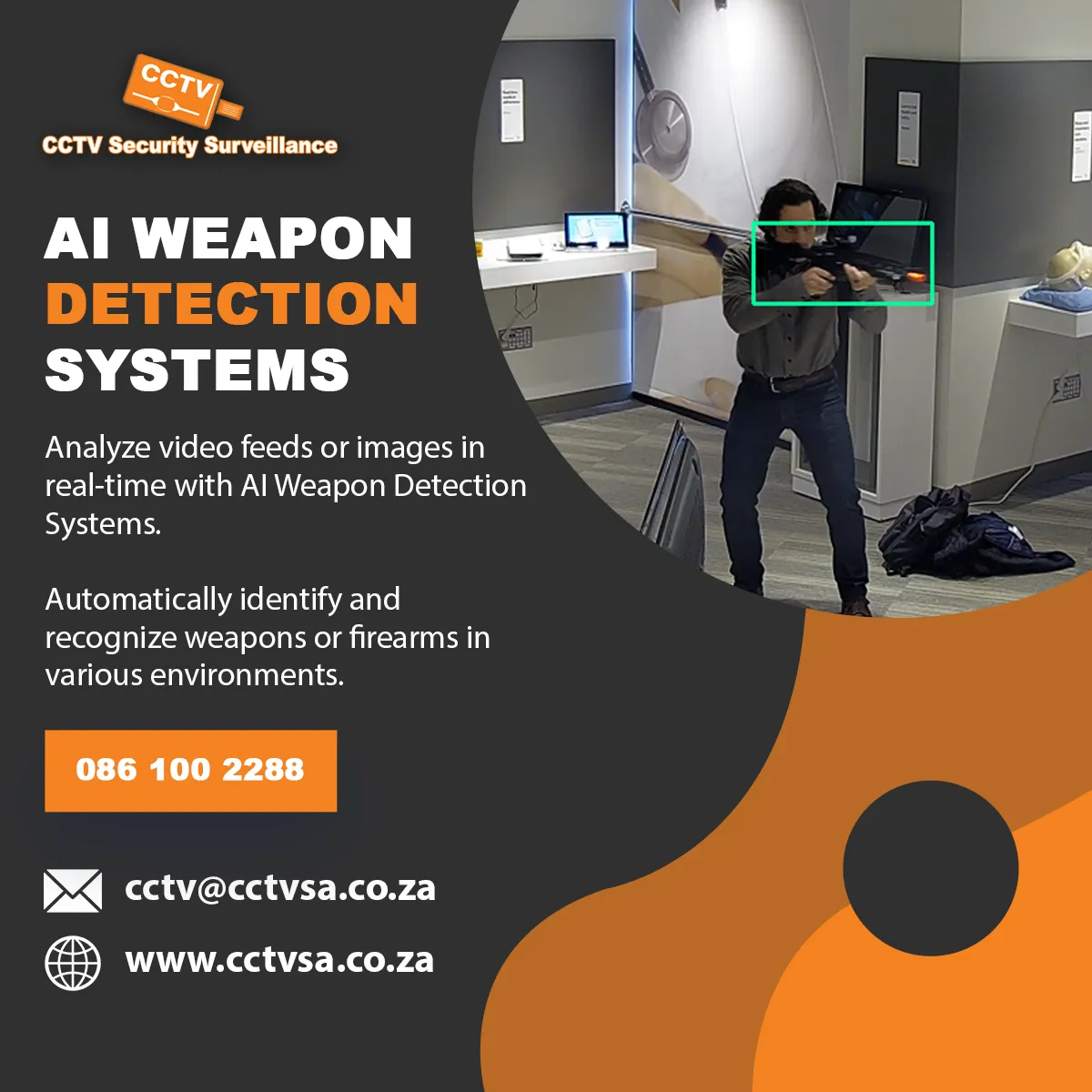 AI weapon detection: a camera feed flags a person holding a firearm in a corridor