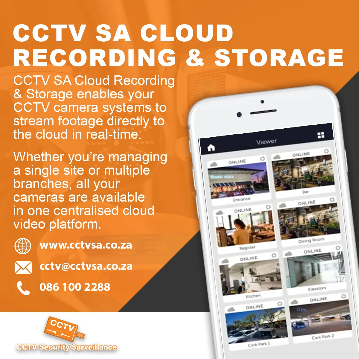 CCTV SA cloud recording and storage: camera footage streamed to the cloud and viewed on a phone