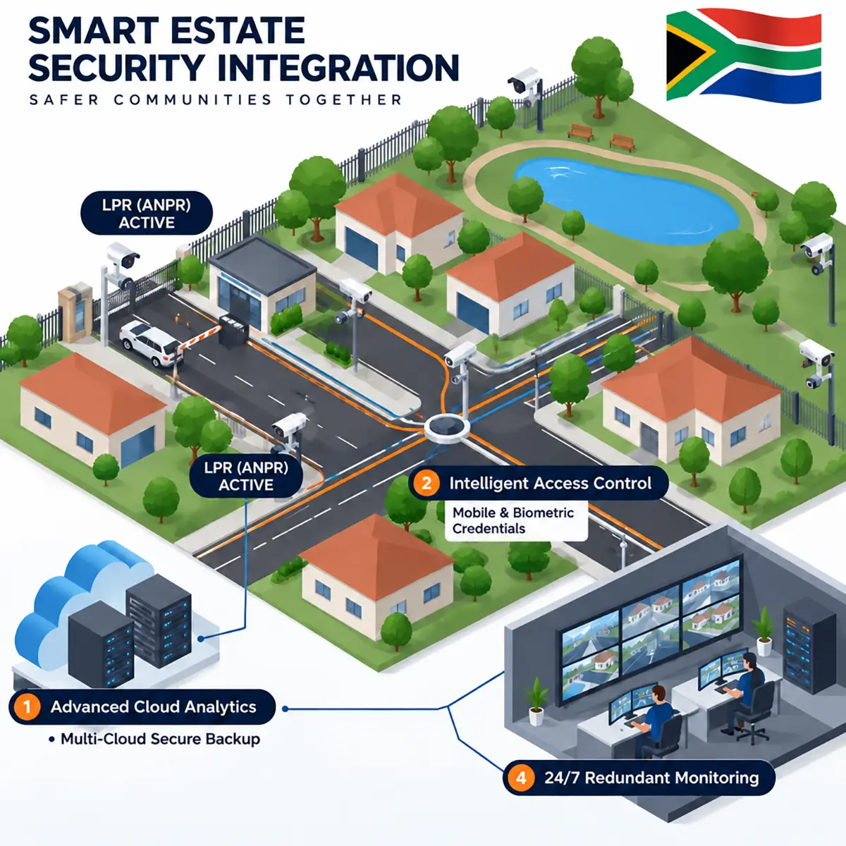 Smart estate security integration infographic: LPR (ANPR) cameras at the estate gates, intelligent access control with mobile and biometric credentials, advanced cloud analytics with secure backup, and a 24/7 monitoring control room