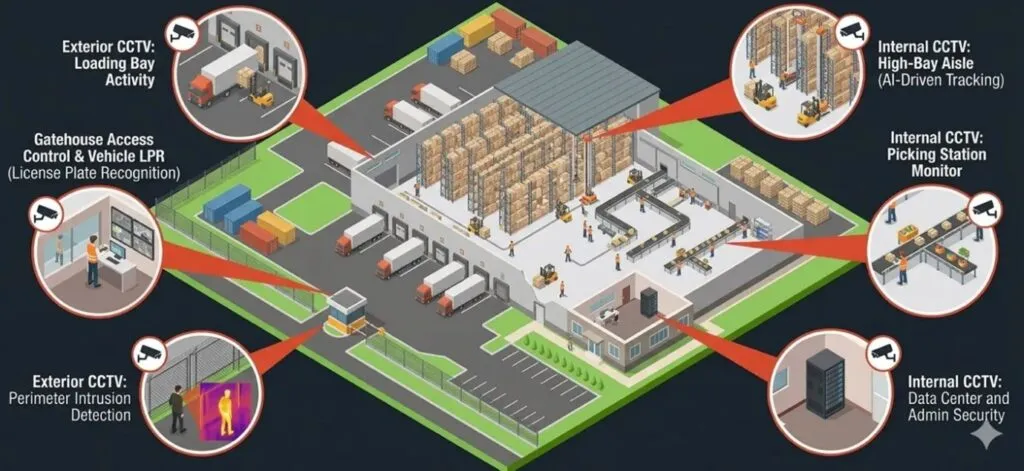 Factory site plan showing perimeter cameras, gate LPR, loading bay, high-bay aisle, picking station and server room cameras