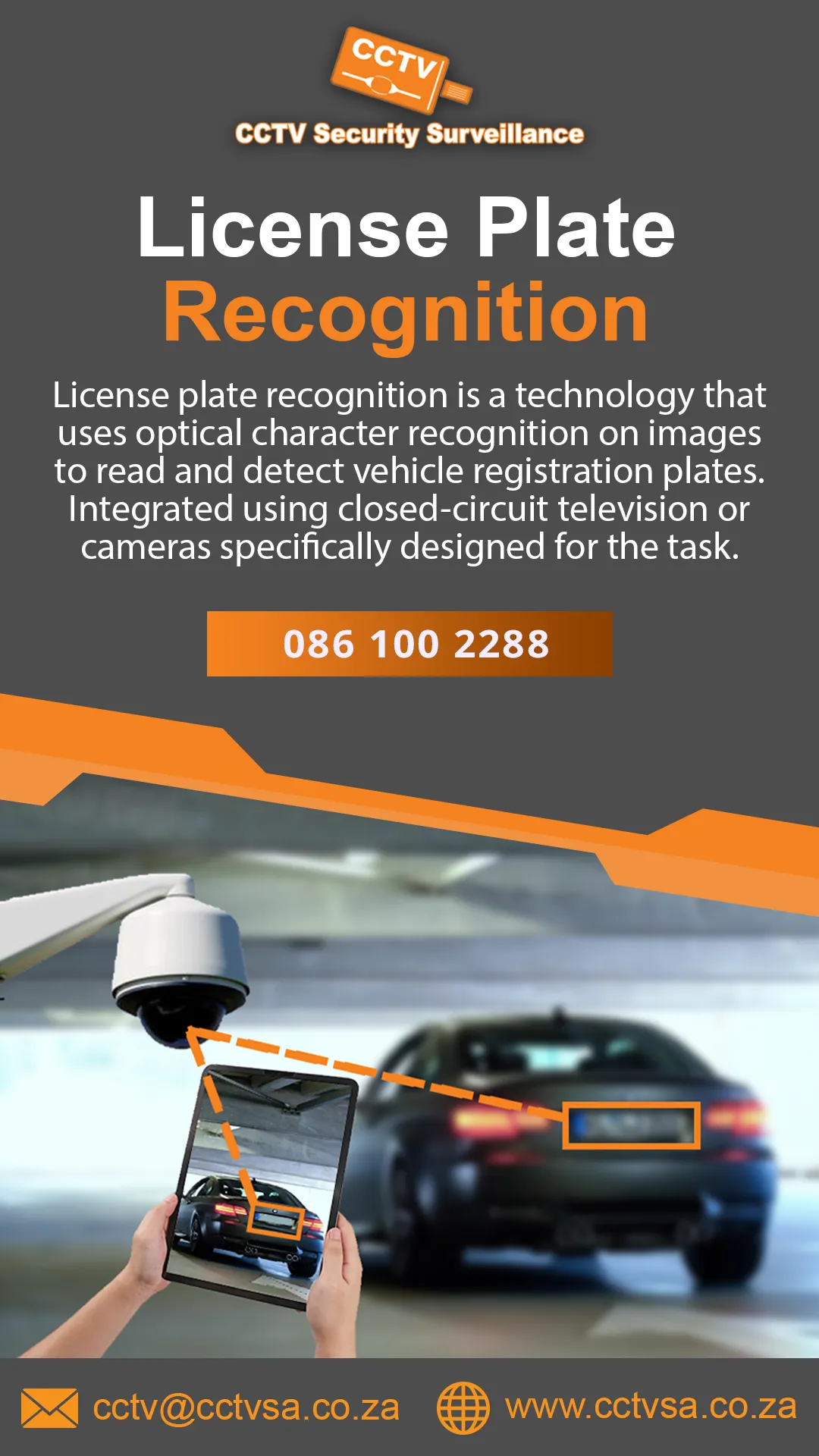 Licence plate recognition: a camera reads a car's number plate and shows it on a tablet