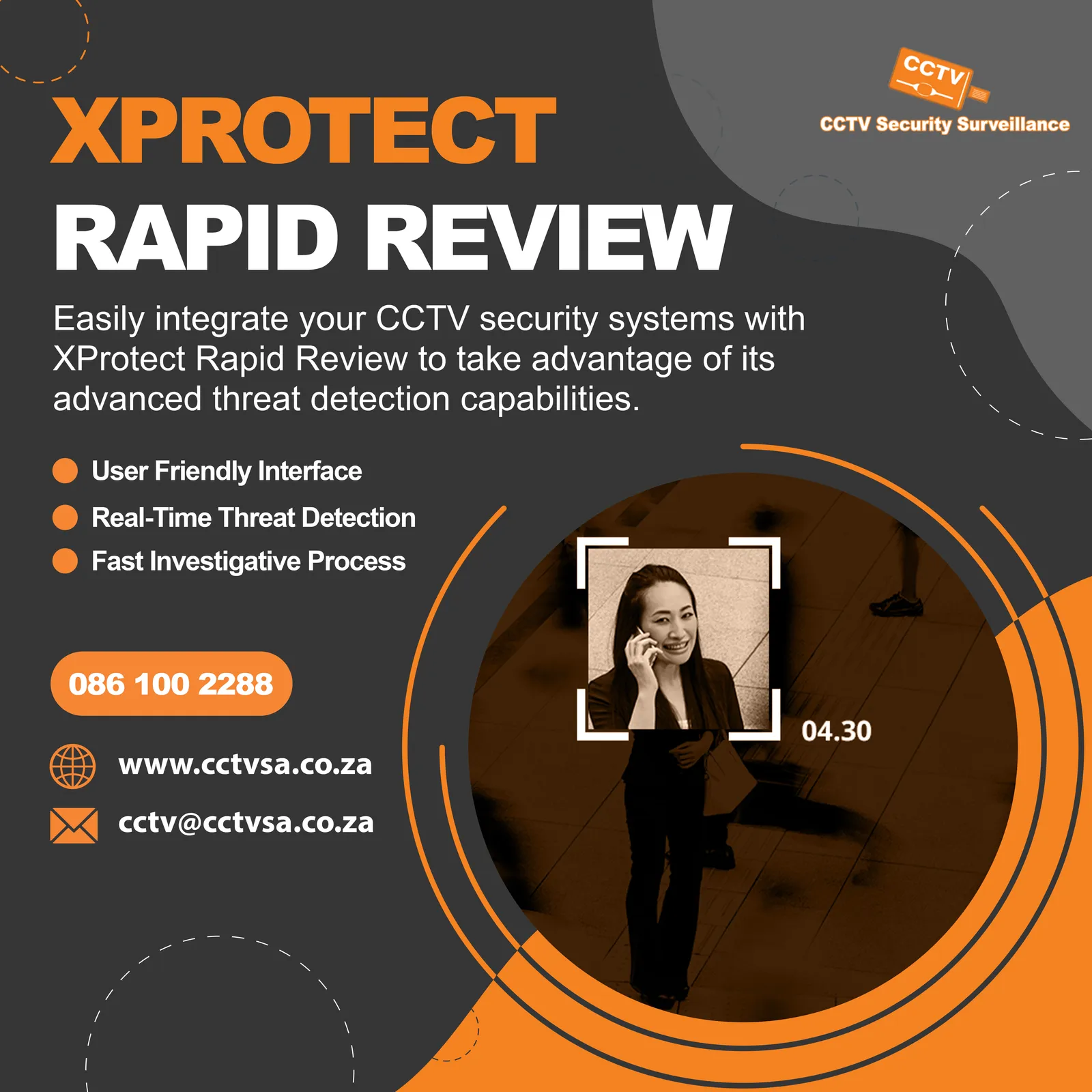Milestone XProtect Rapid Review finding a person in recorded CCTV footage, with real-time threat detection