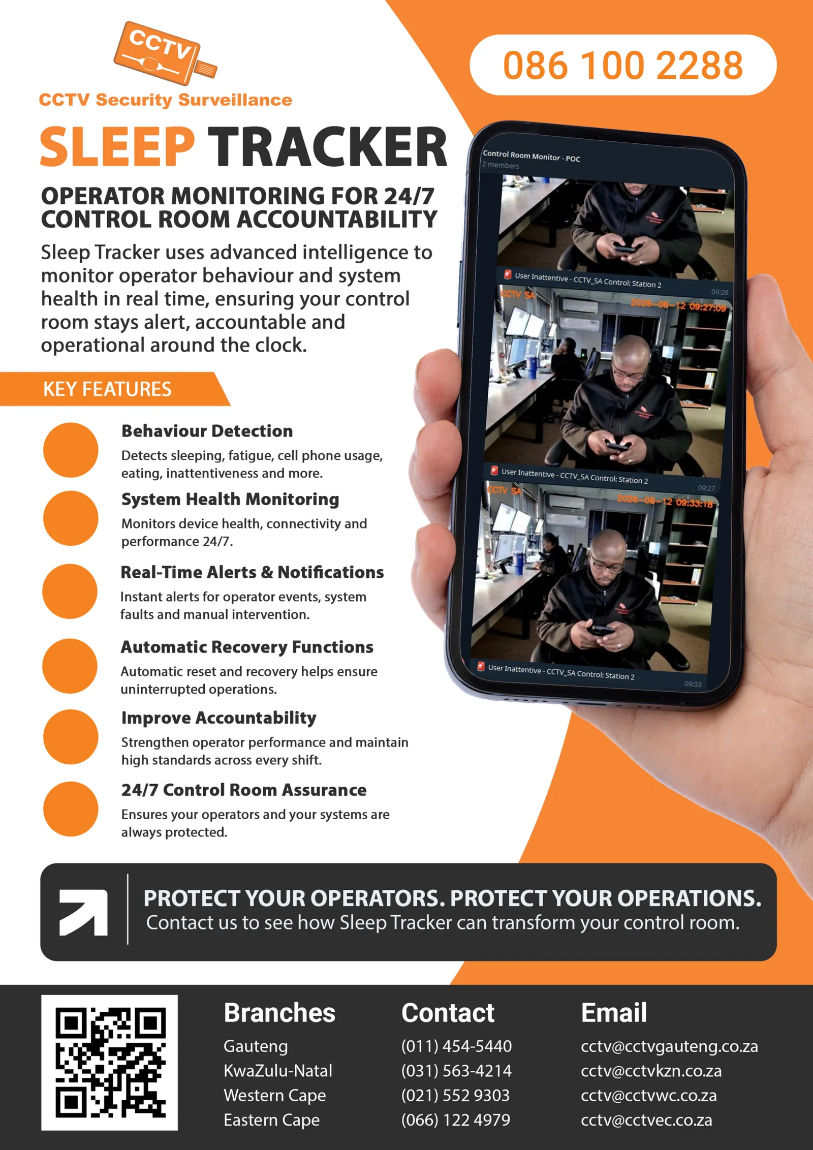 Sleep Tracker operator monitoring for control rooms: behaviour detection, alerts and accountability shown on a phone