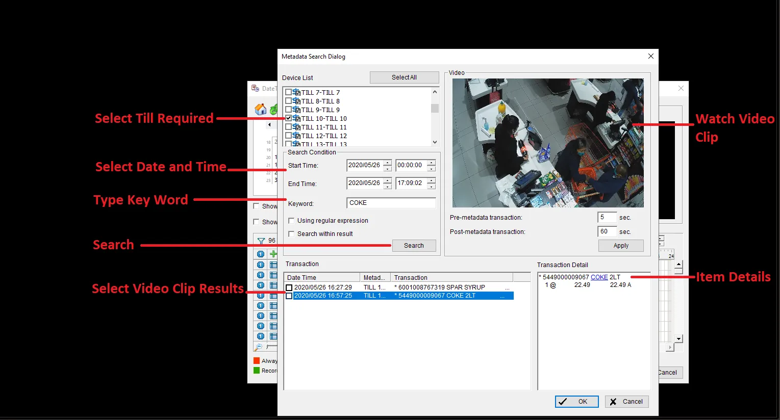 Till overlay data mining screen: choose the till, date and keyword, then watch the matching video clip with item details