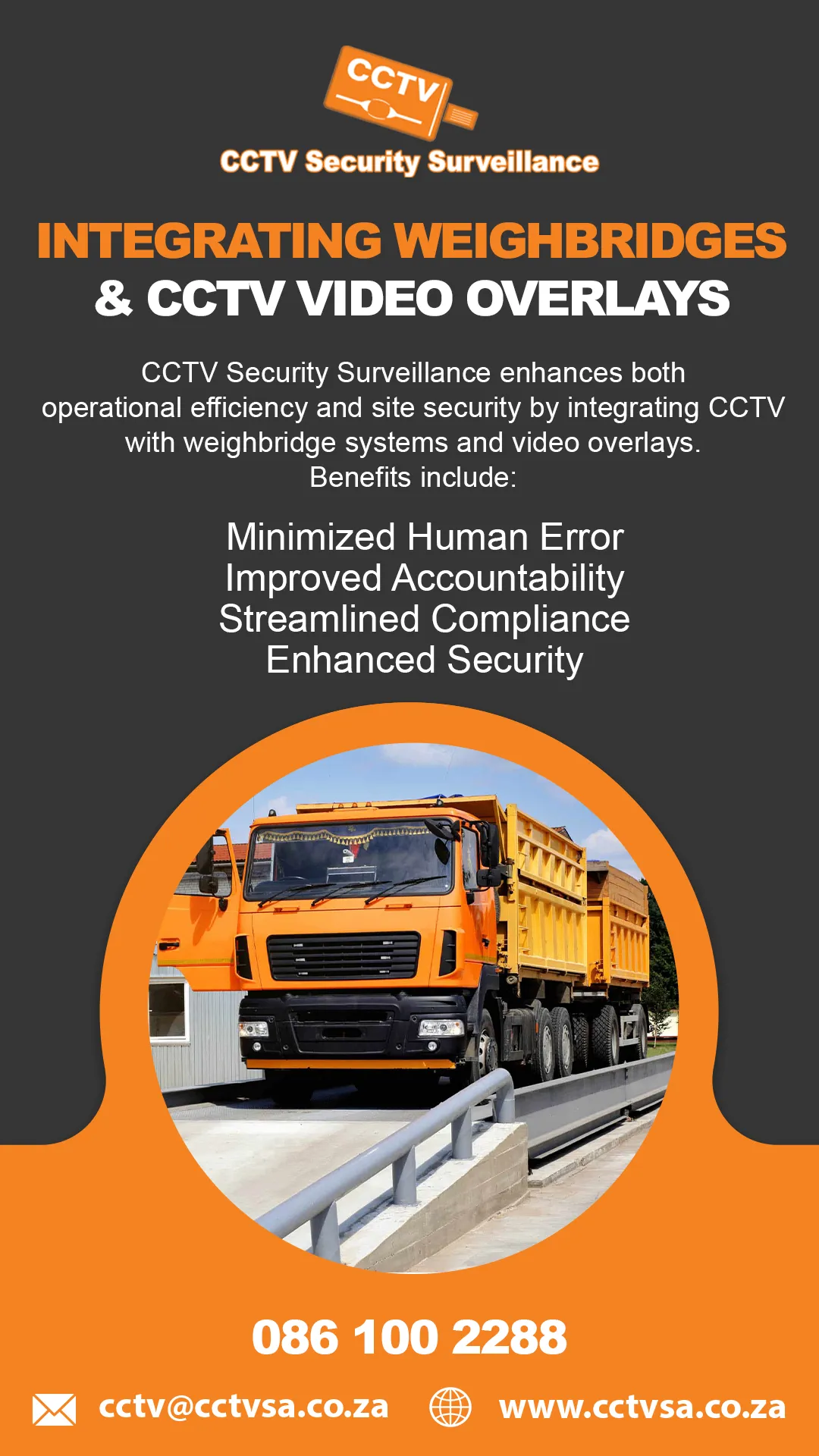 Integrating weighbridges and CCTV video overlays for accountability and compliance, with a truck on a weighbridge