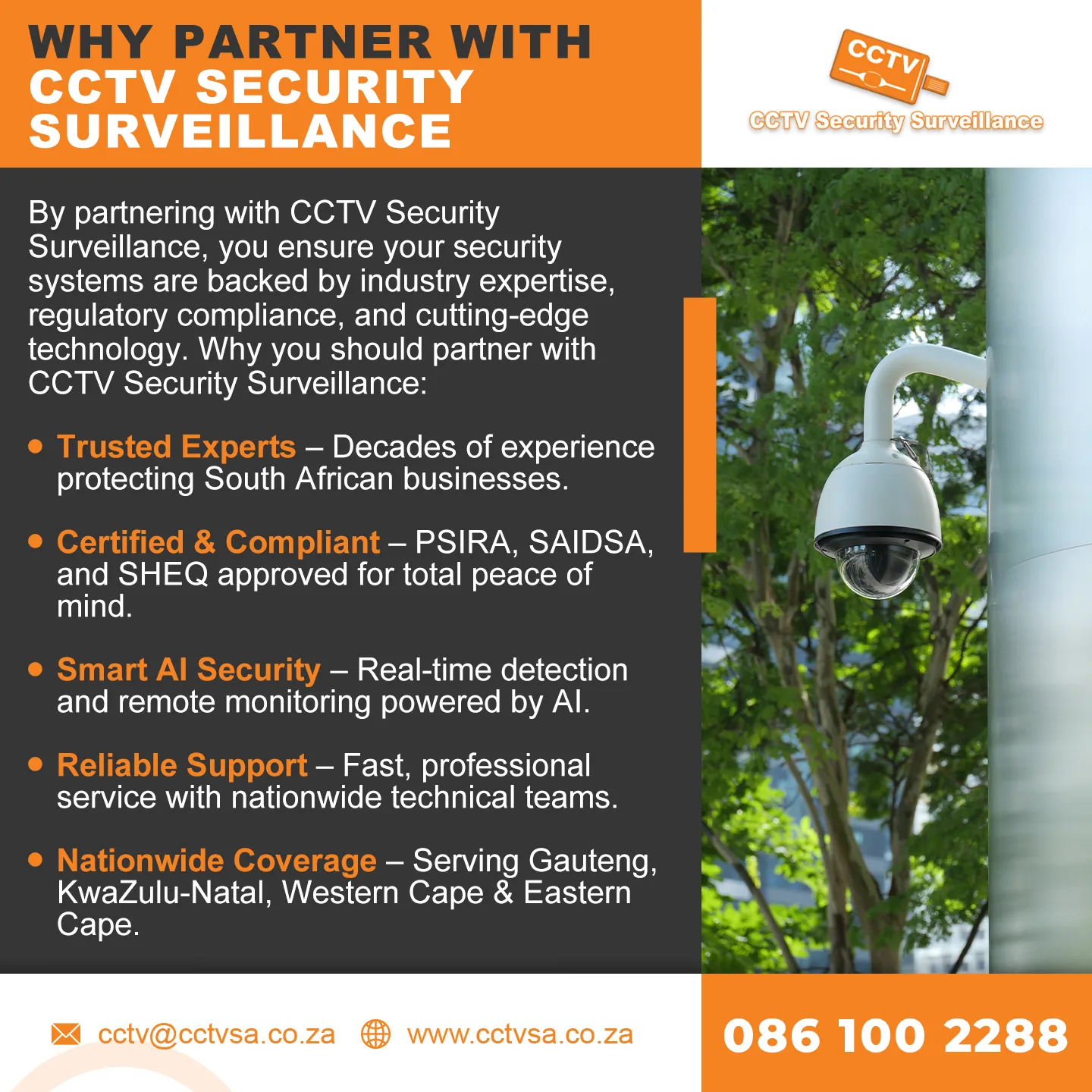 Why partner with CCTV Security Surveillance: trusted experts, certified and compliant, smart AI security, reliable support and nationwide coverage